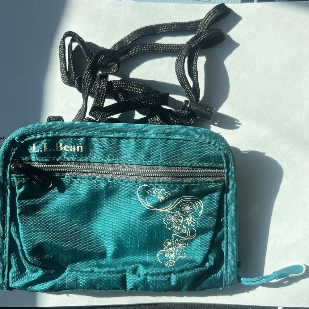 Vintage LL Bean Teal Green Nylon Travel Wallet Organizer Clutch Floral - Unused!